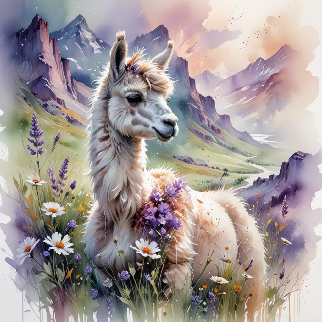 Llama Foal in Misty Mountain Pasture, Impressionistic Pastel