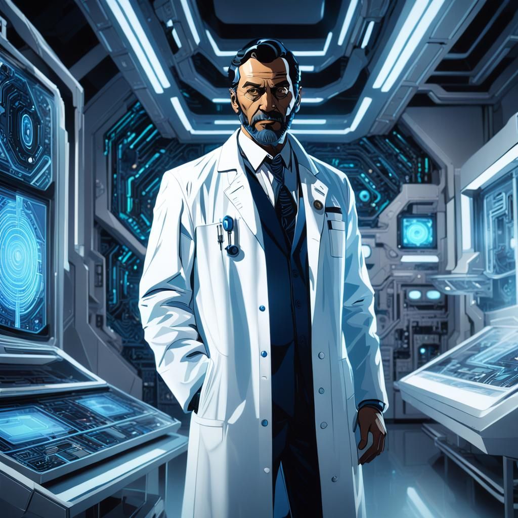 Vulcan Scientist at Work in Futuristic Lab