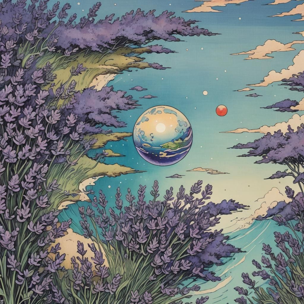 Lavender Planet in Galactic Art Deco Ukiyo-e Style