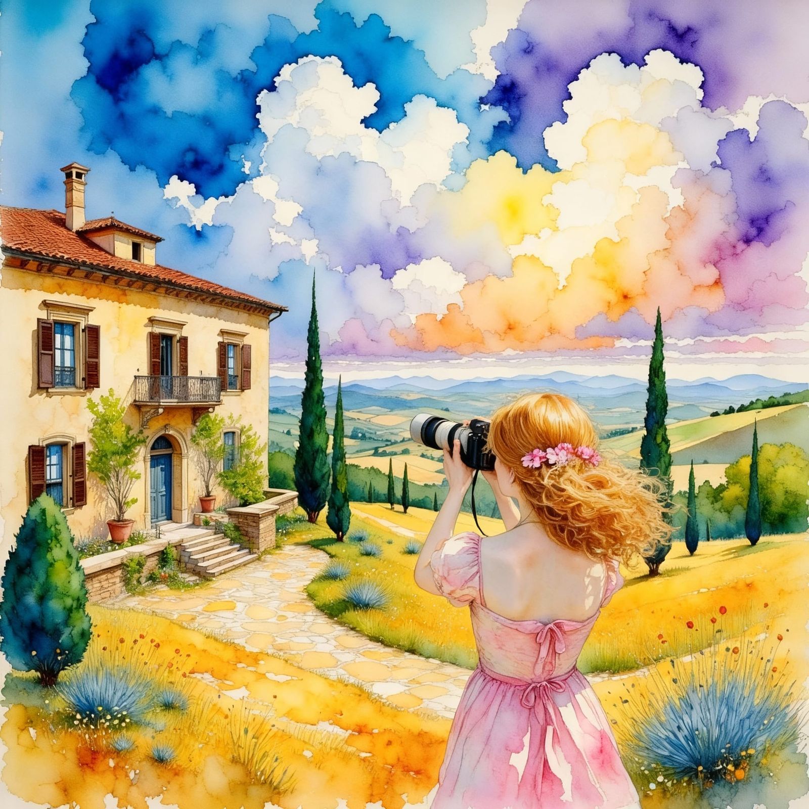 Surreal Tuscan Villa Landscape in Watercolor and Pastel