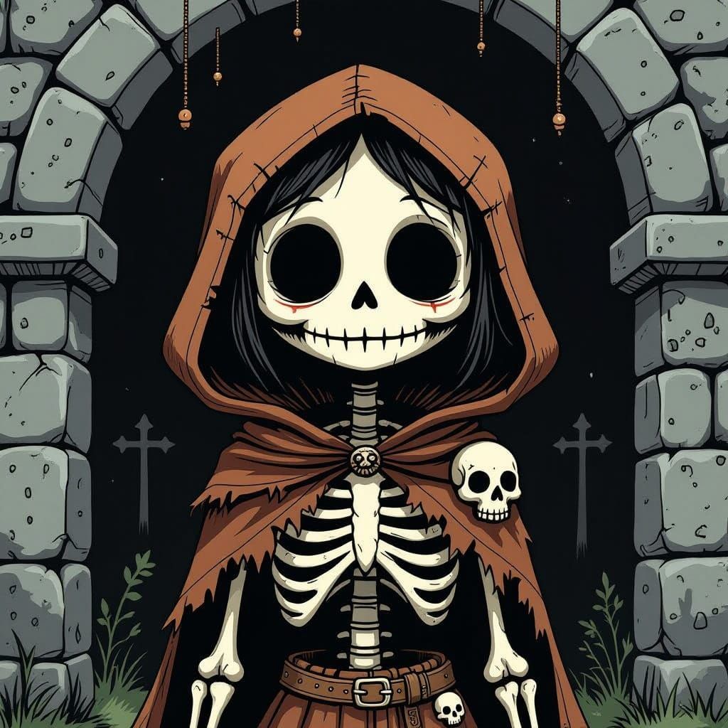 Gothic Cartoon Skeletal Girl in Fantasy Crypt