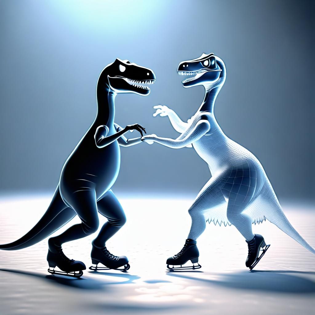 Dancing Dinosaur Couple on Ice in 3D Style