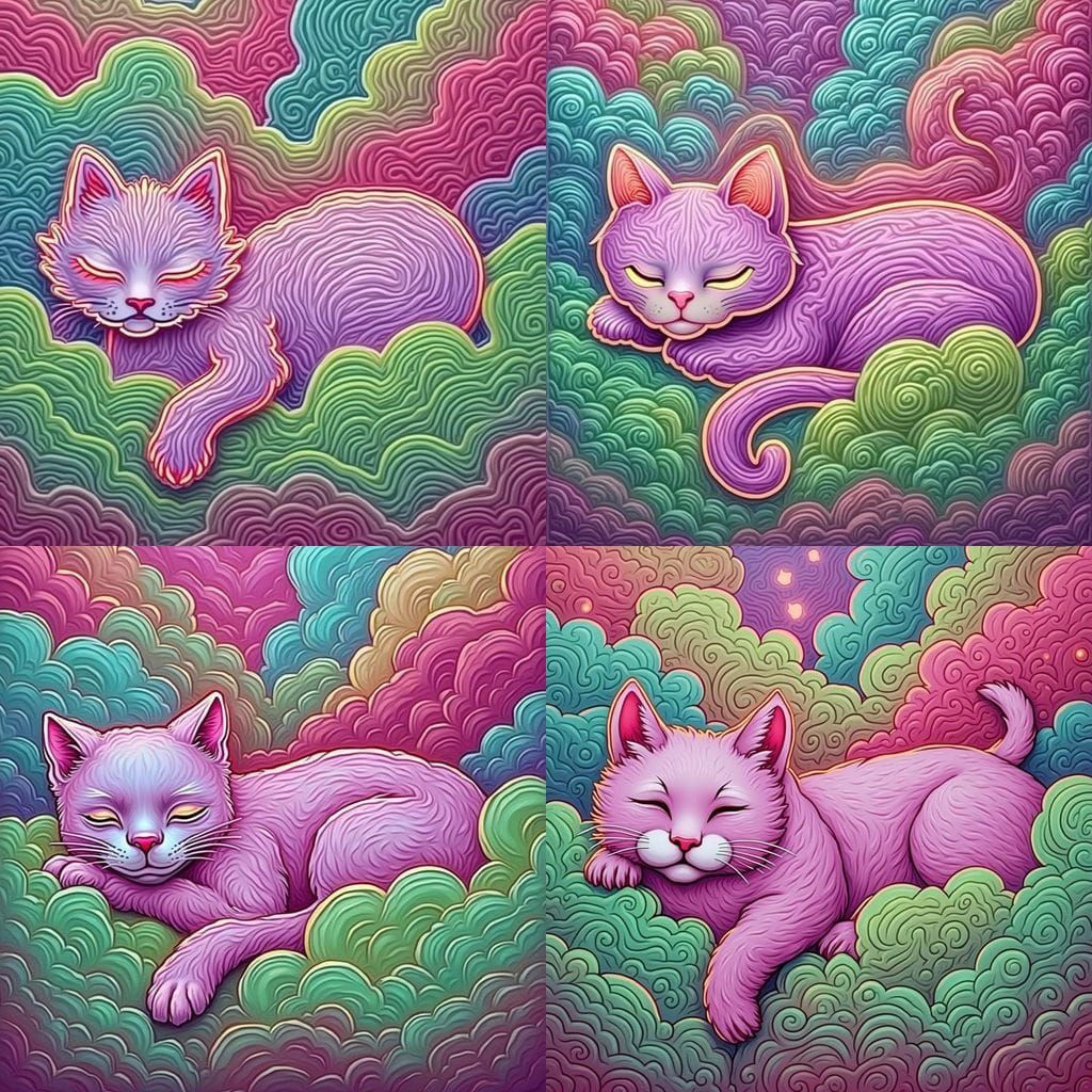 Glowing Neon Kitty Slumbers Among Whispy Clouds