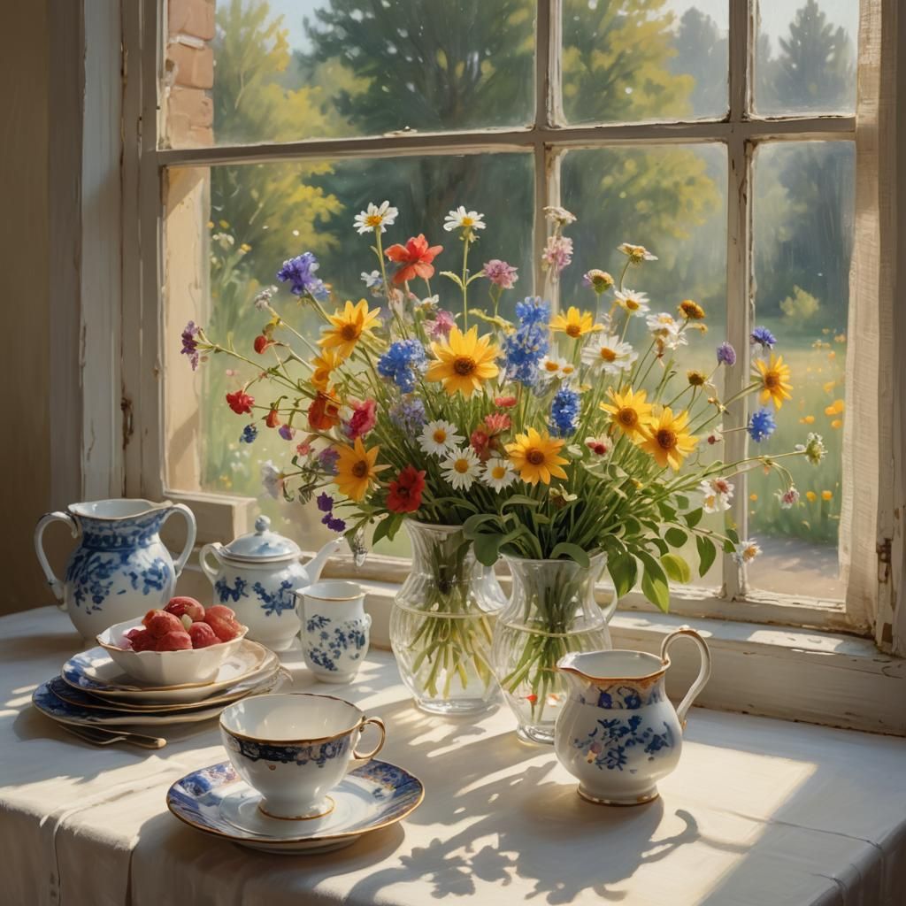 Impressionist Still Life with Wildflowers and China