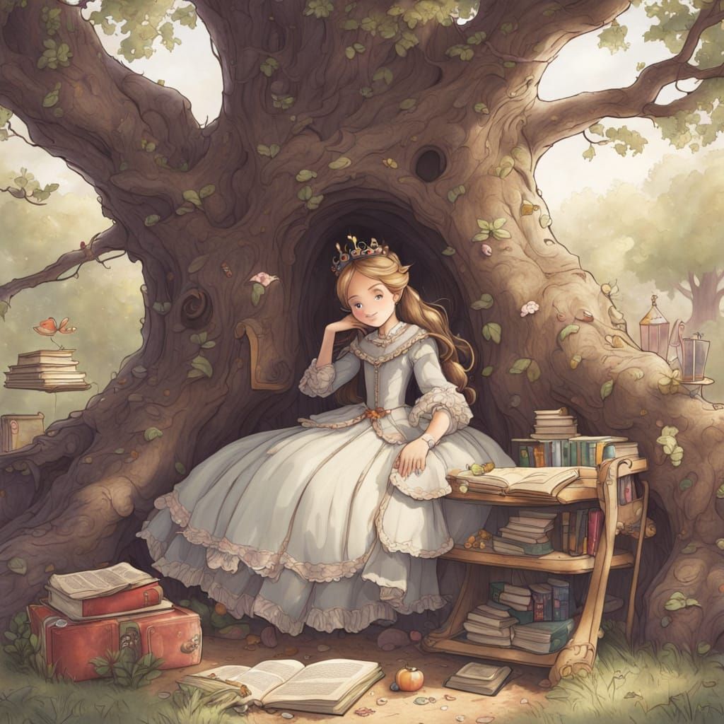 Whimsical Princess in a Treehouse Library