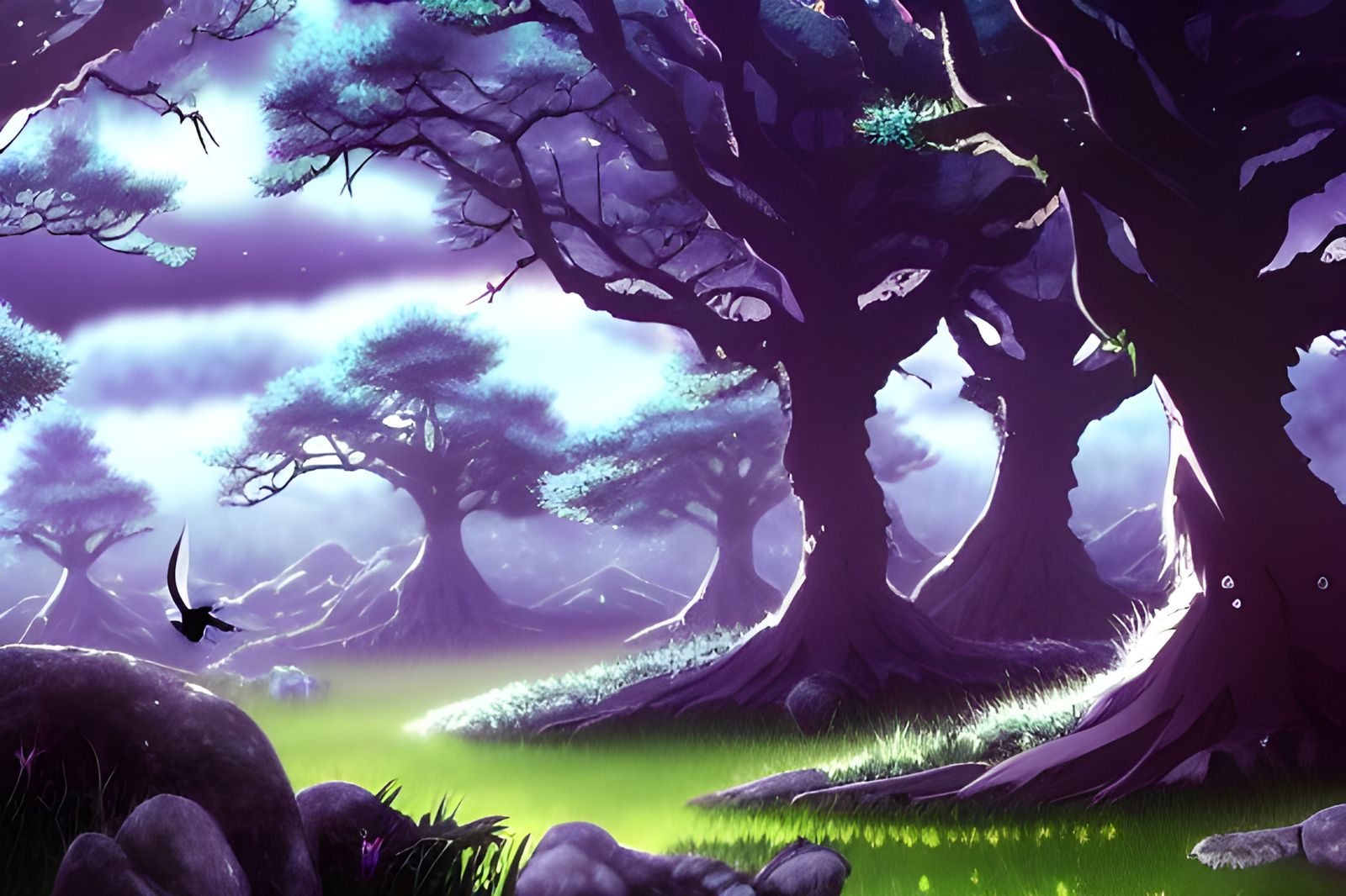 Spooky Anime Forest with Ravens in Studio Ghibli Style