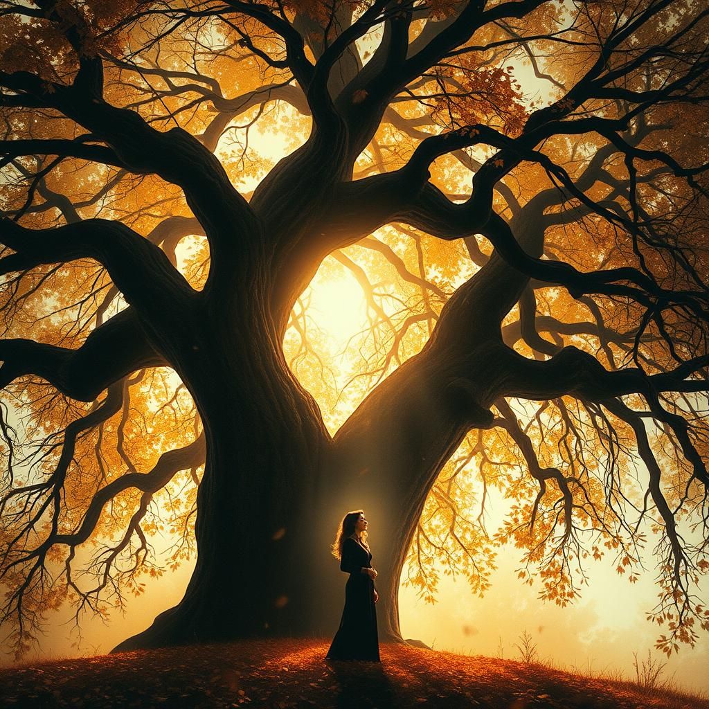 Contemplative Woman Under Autumn Tree in Impressionistic Sty...