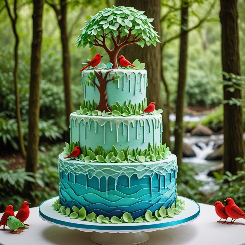 Earth Day Themed Light Blue & Mint Green Vanilla Wedding Cak...
