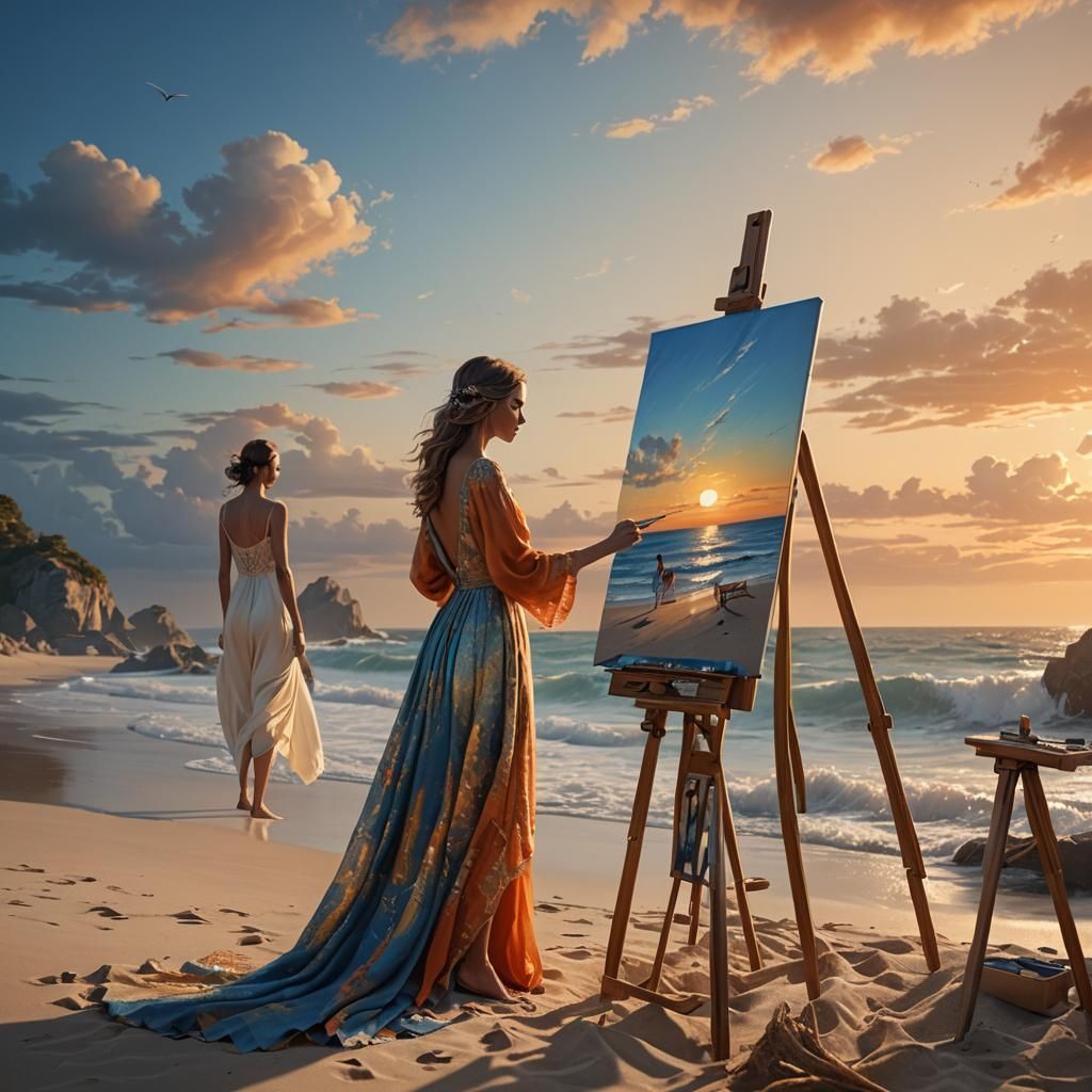 Girl Painting Beach in Fantasy Art Style