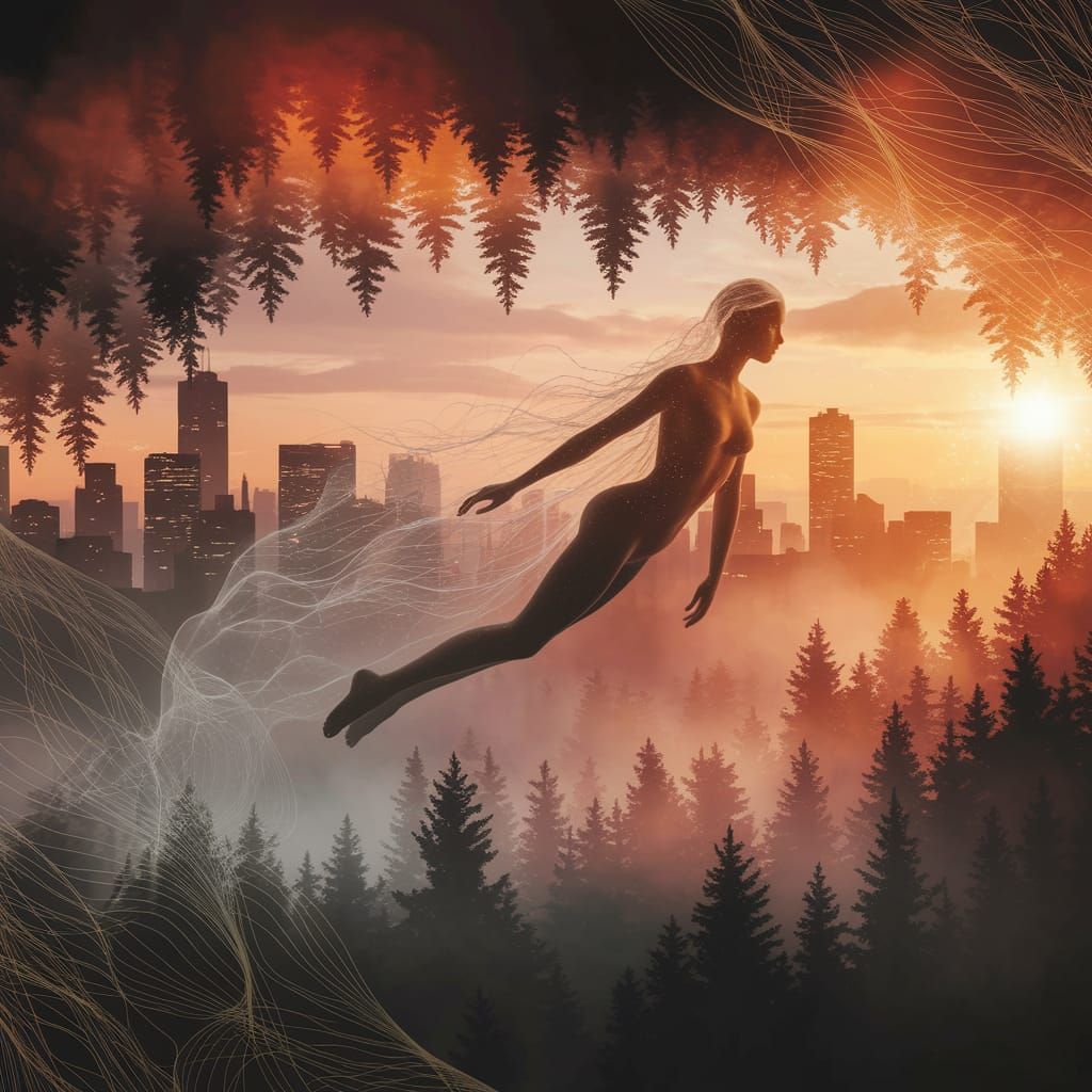 Surreal Sunset Scene with Translucent Figure and Cityscape