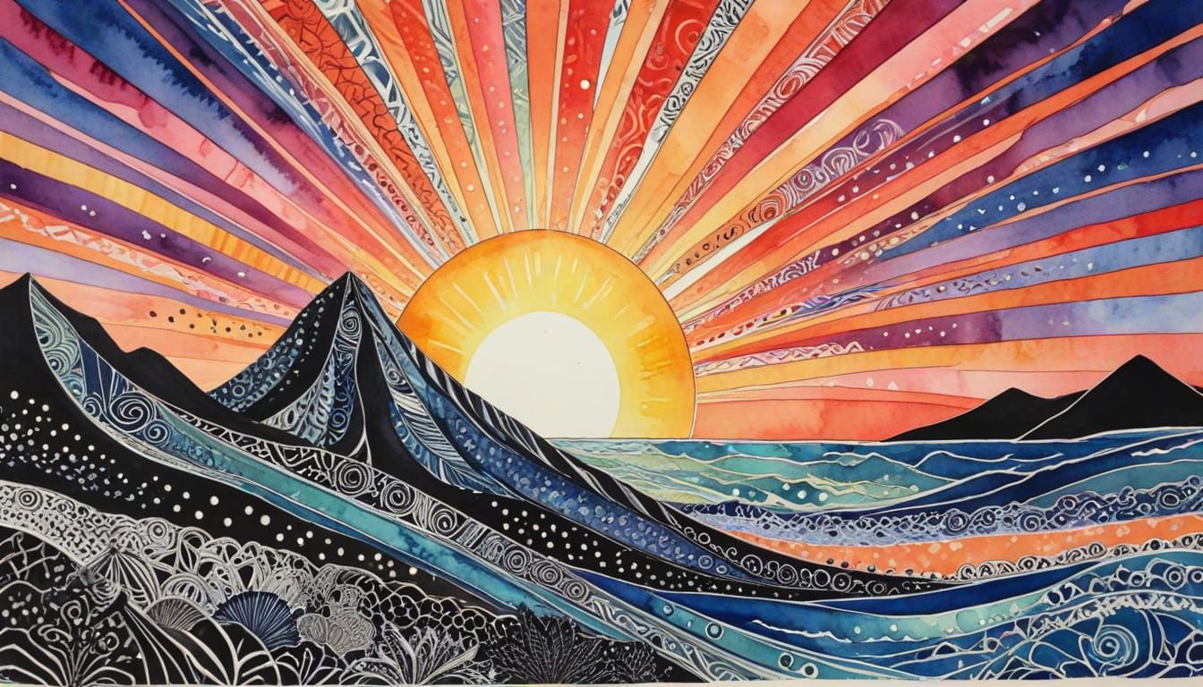 Joyful Sunrise with Zentangle Rays in Watercolor