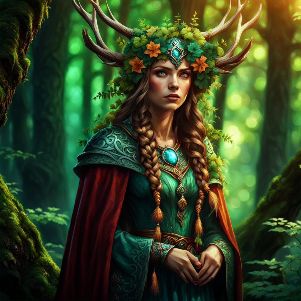 Enchanting Druidess in Irish Forest: Fantasy Concept Art