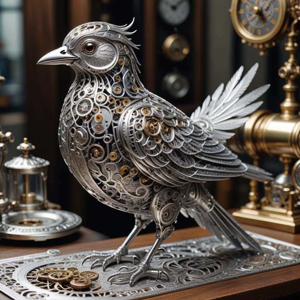Mechanical Silver Bird in Hyper Realistic Art