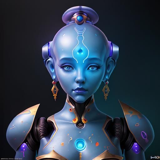 Humanoid Robot Genie in Hyperrealistic Splash Art