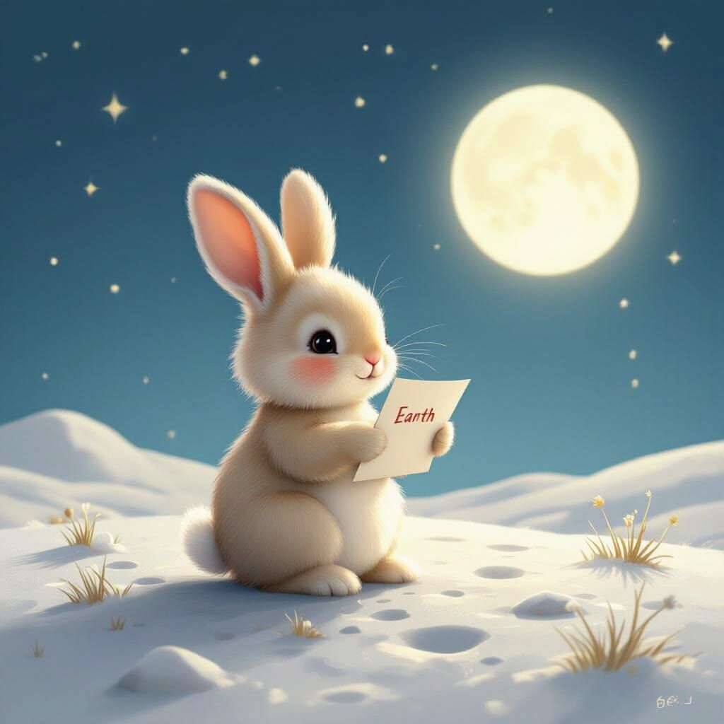 Bunny on Moon Sends Letter to Earth Children