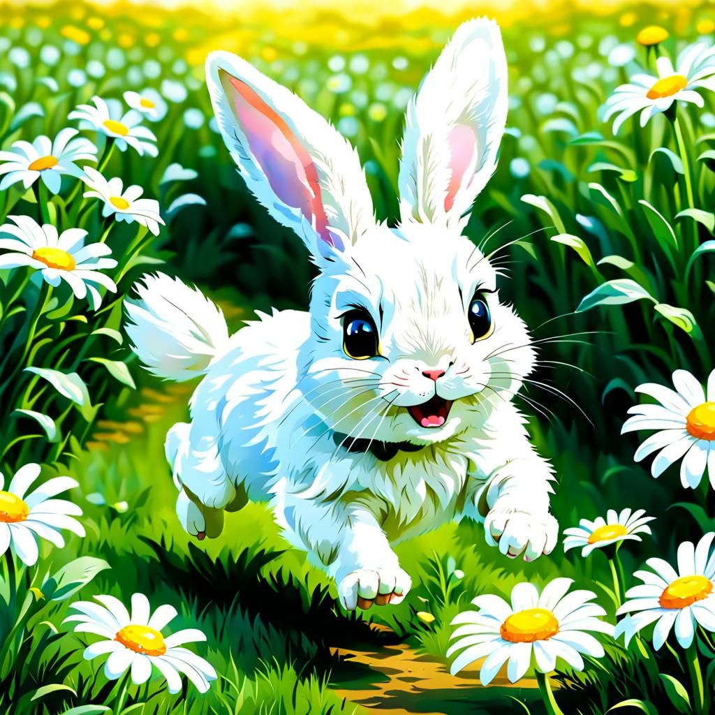 White Rabbit Runs Through Daisy Field
