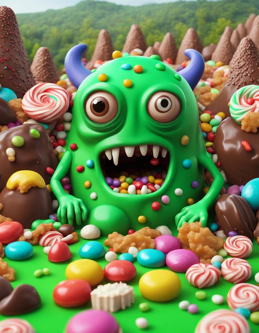 Green One-eyed monster with saliva flowing freely from its mouth surrounded by colorful candies and other sweets. Detail...
