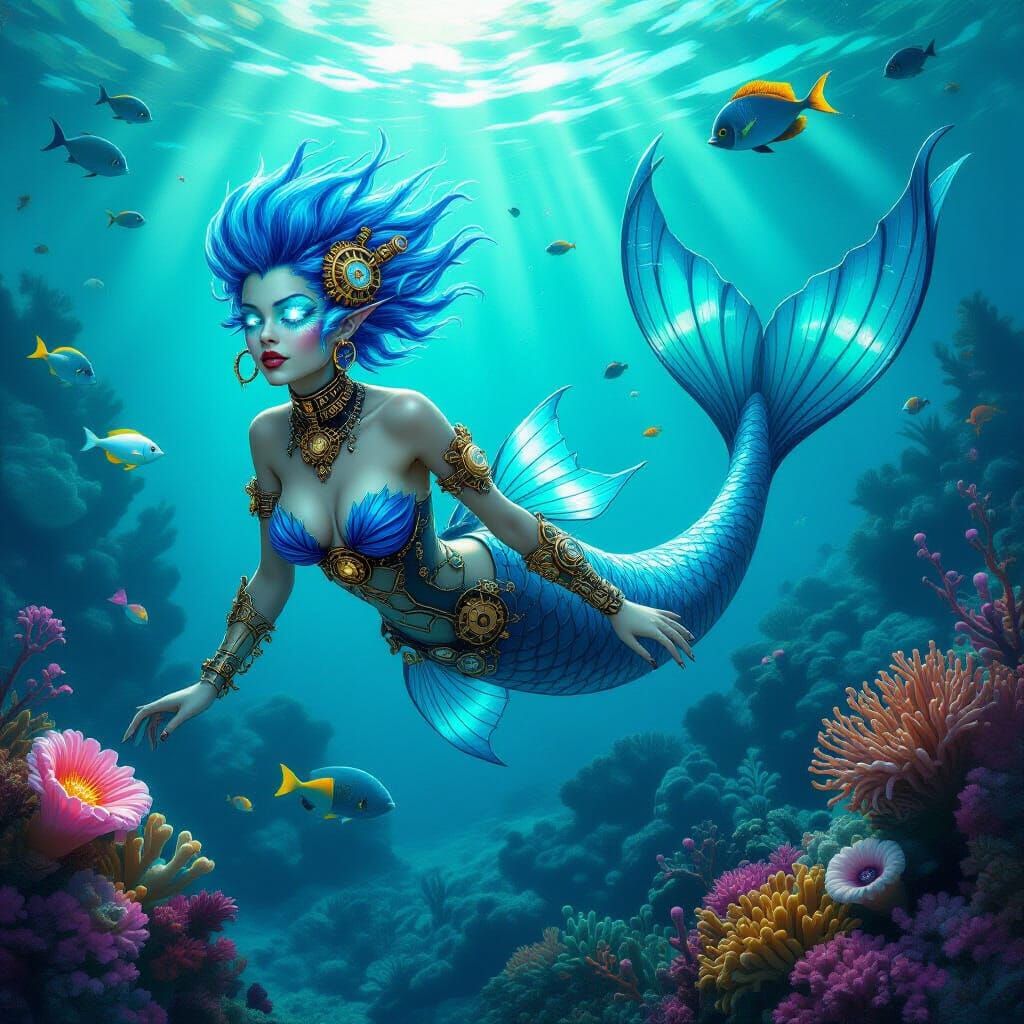 Steampunk Mermaid with Clockwork Fins in Coral Reef