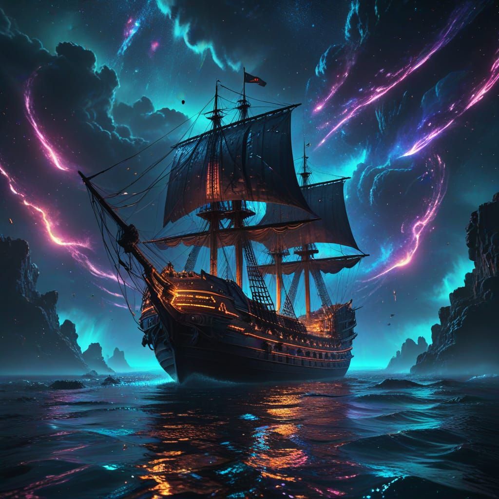 Galleon Sails Starry Ocean in Hyperrealistic Neon Noir