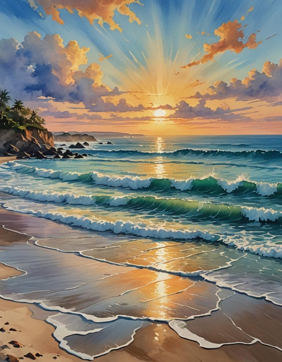Sunrise Beach Scene in Impressionist Gouache Style