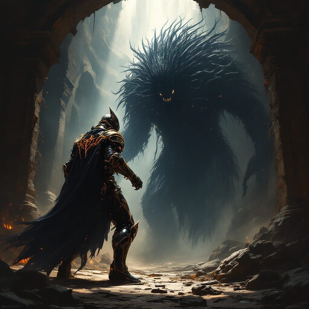 Cyborg Knight vs Eldritch Being in Ruined Temple