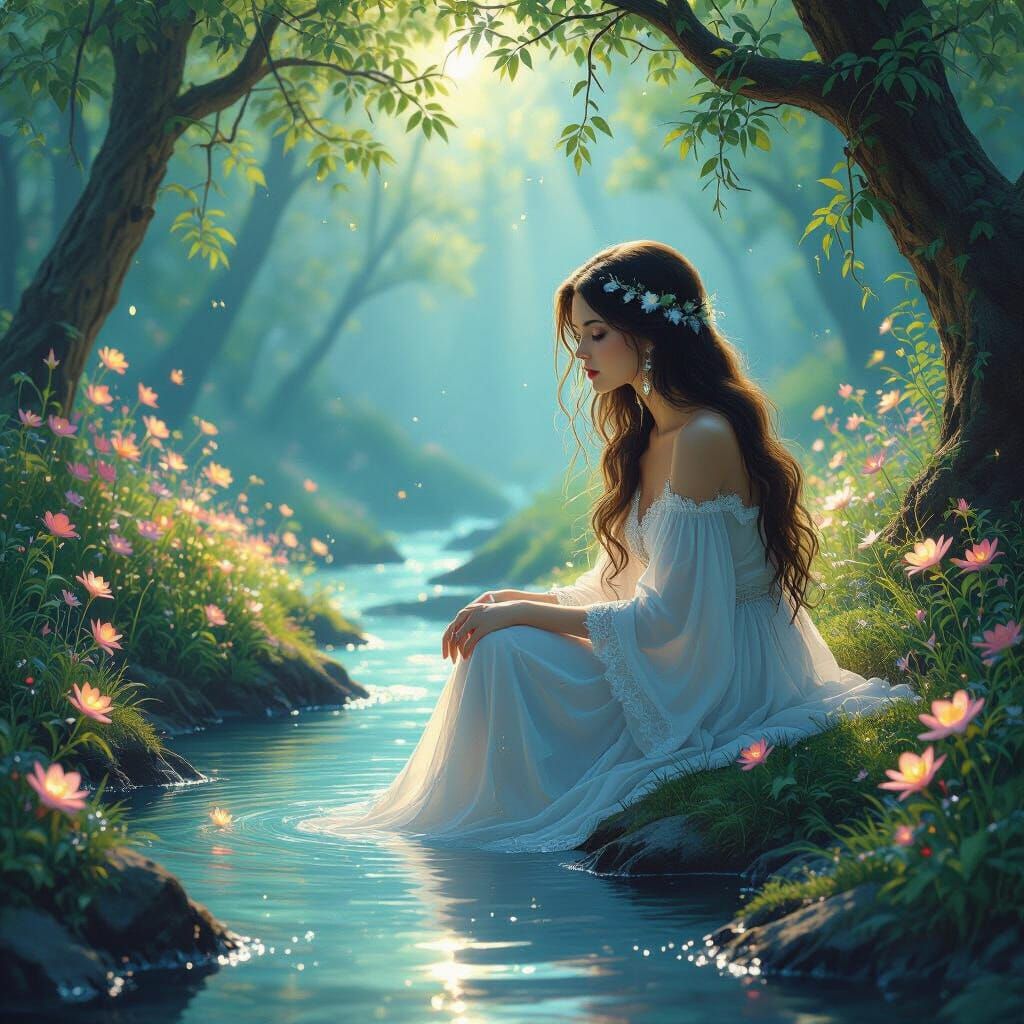 Enchanted Forest Scene: Woman by Stream in Magical Light