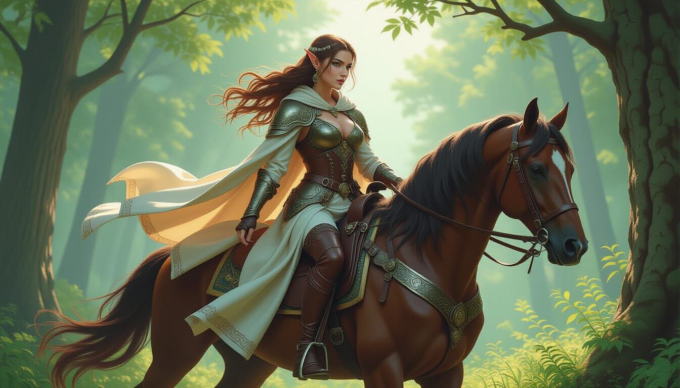 Elf Woman on Horseback in Lush Forest