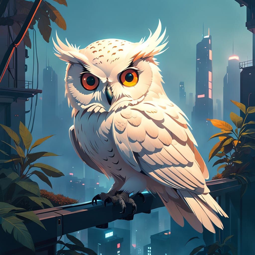 Futuristic Cityscape with Serene White Owl
