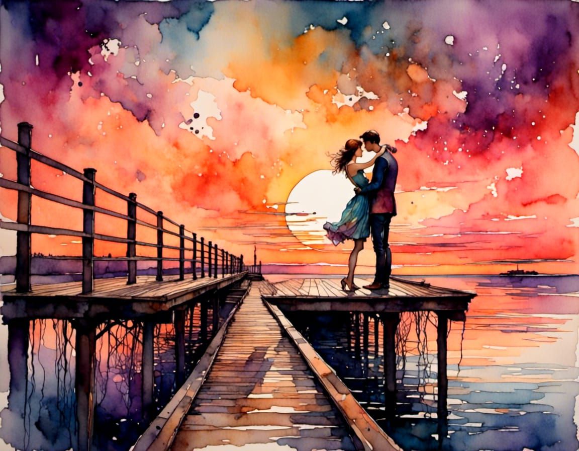 Romantic Couple Kissing at Sunset: Watercolor and Ink