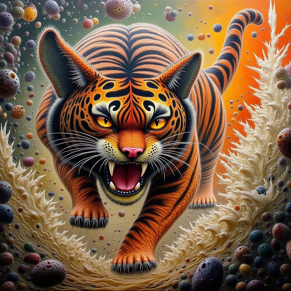 Ferocious Tiger in Dynamic Motion, Inspired by Kazuo Shiraga