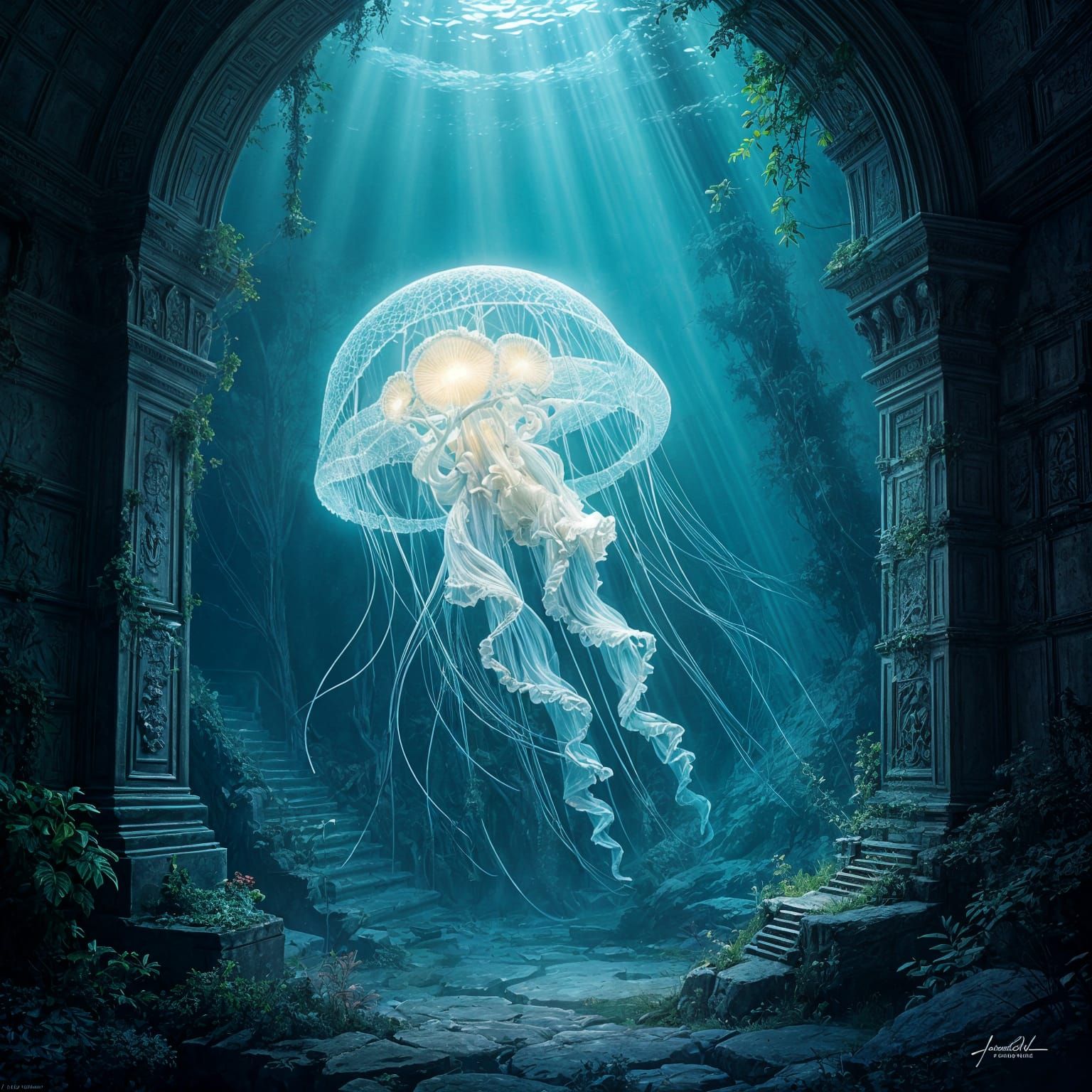 Bioluminescent Jellyfish in Ancient Ruin Airbrush Art