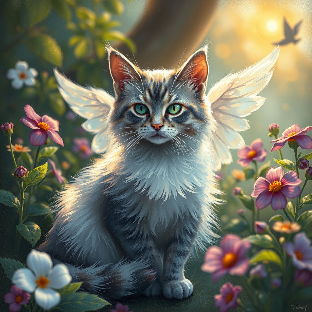 Mystical Cat in Dream Garden as Chagall Painting