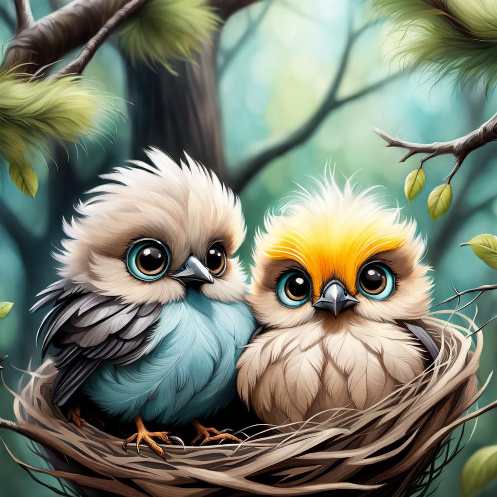 Detailed Sketch of Two Cute Newborn Birds