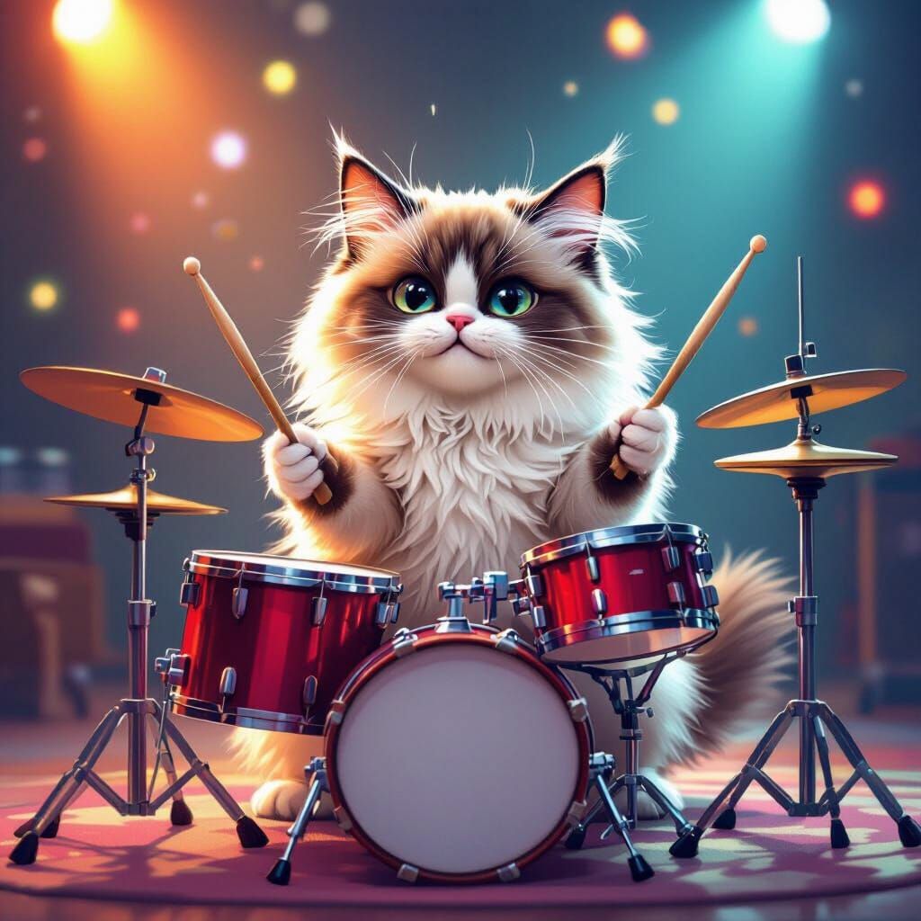 Fluffy Ragdoll Cat Rocks Out on Drum Kit in Studio