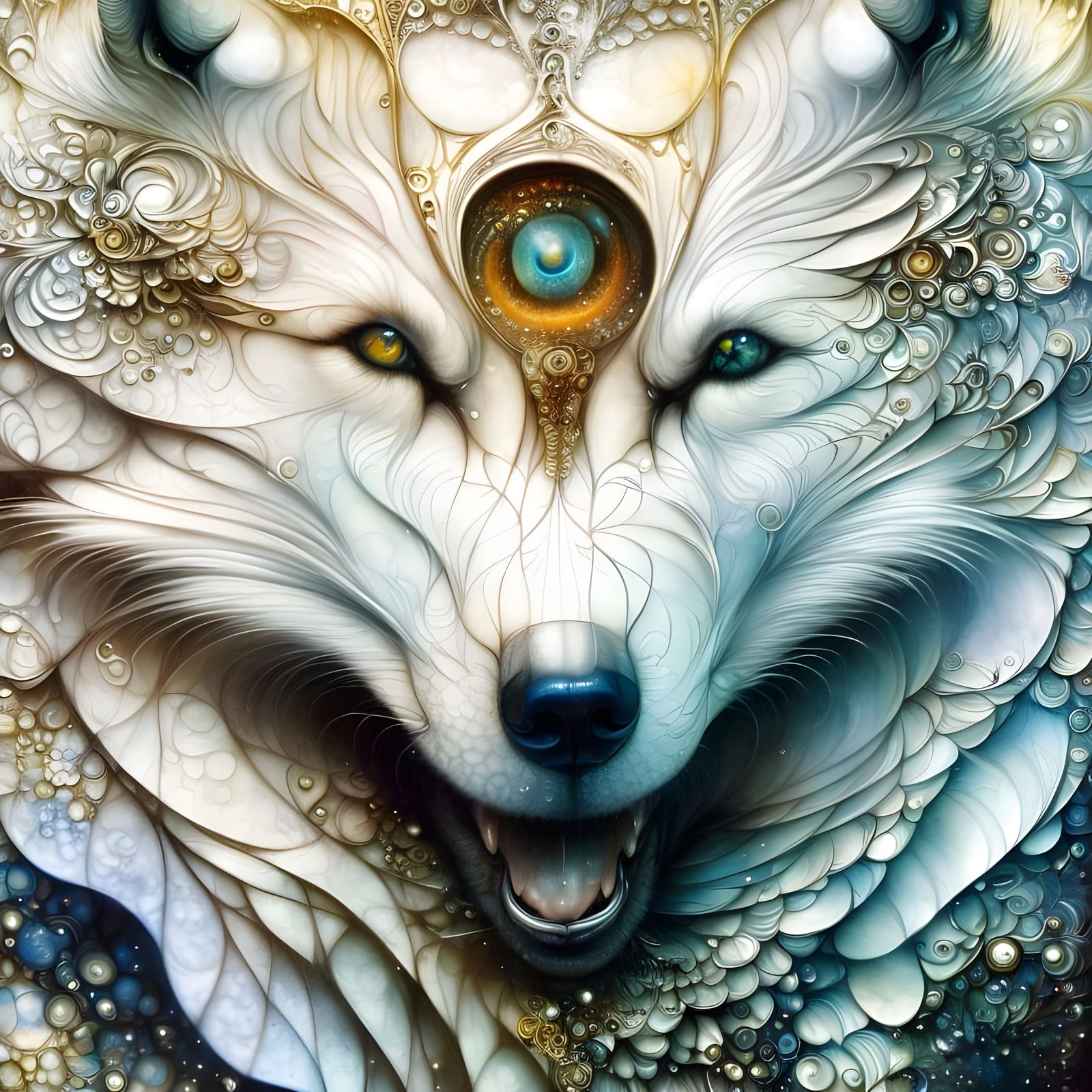 Golden Ratio White Fractal Wolf Close-up