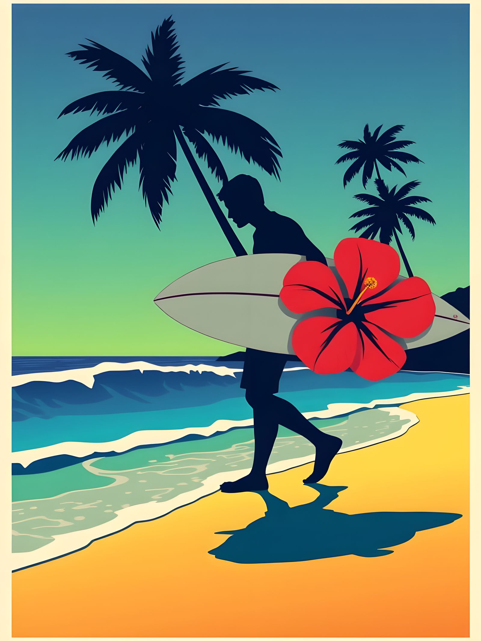 Vintage Surfer Poster with Palm Trees and Sunset