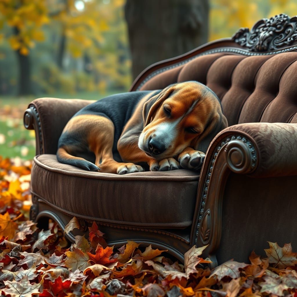 Sleepy Basset Hound Puppy on Antique Couch with Autumn Leave...