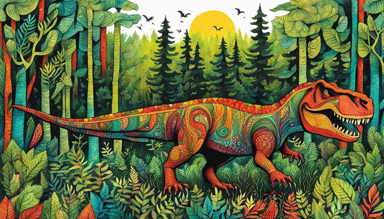 Happy Trex in Vibrant Zentangle Forest Illustration