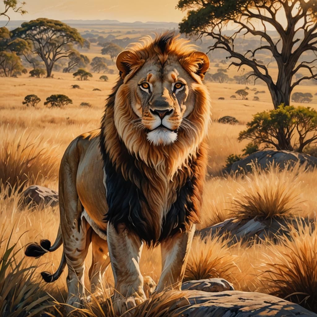 Lion Overlooking Pride: Vibrant Oil Painting
