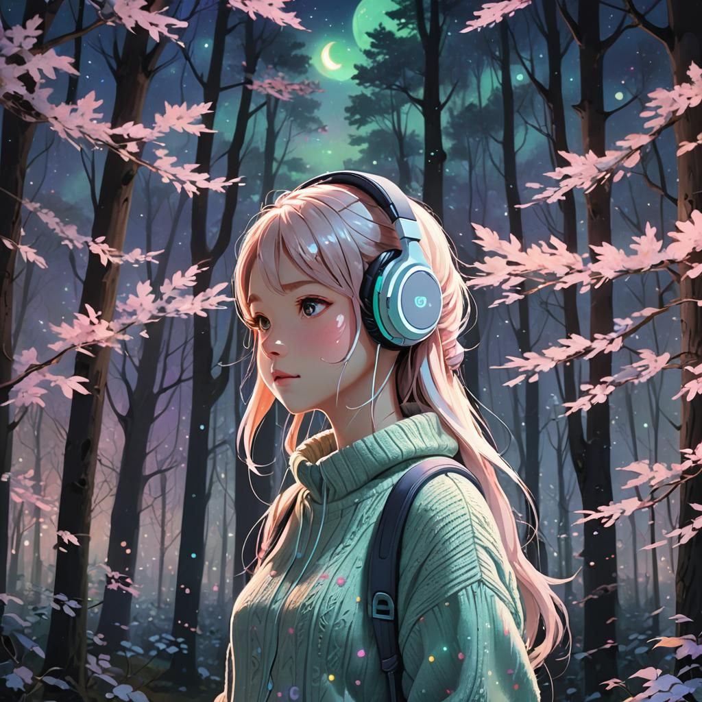 Anime Girl Listening to Music in Forest