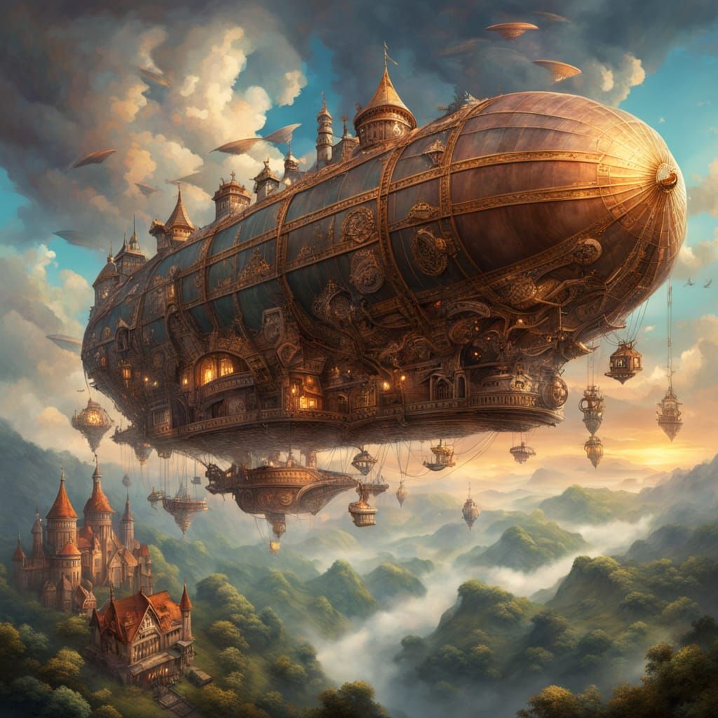Steampunk Airship Soaring Over Fantasy Landscape