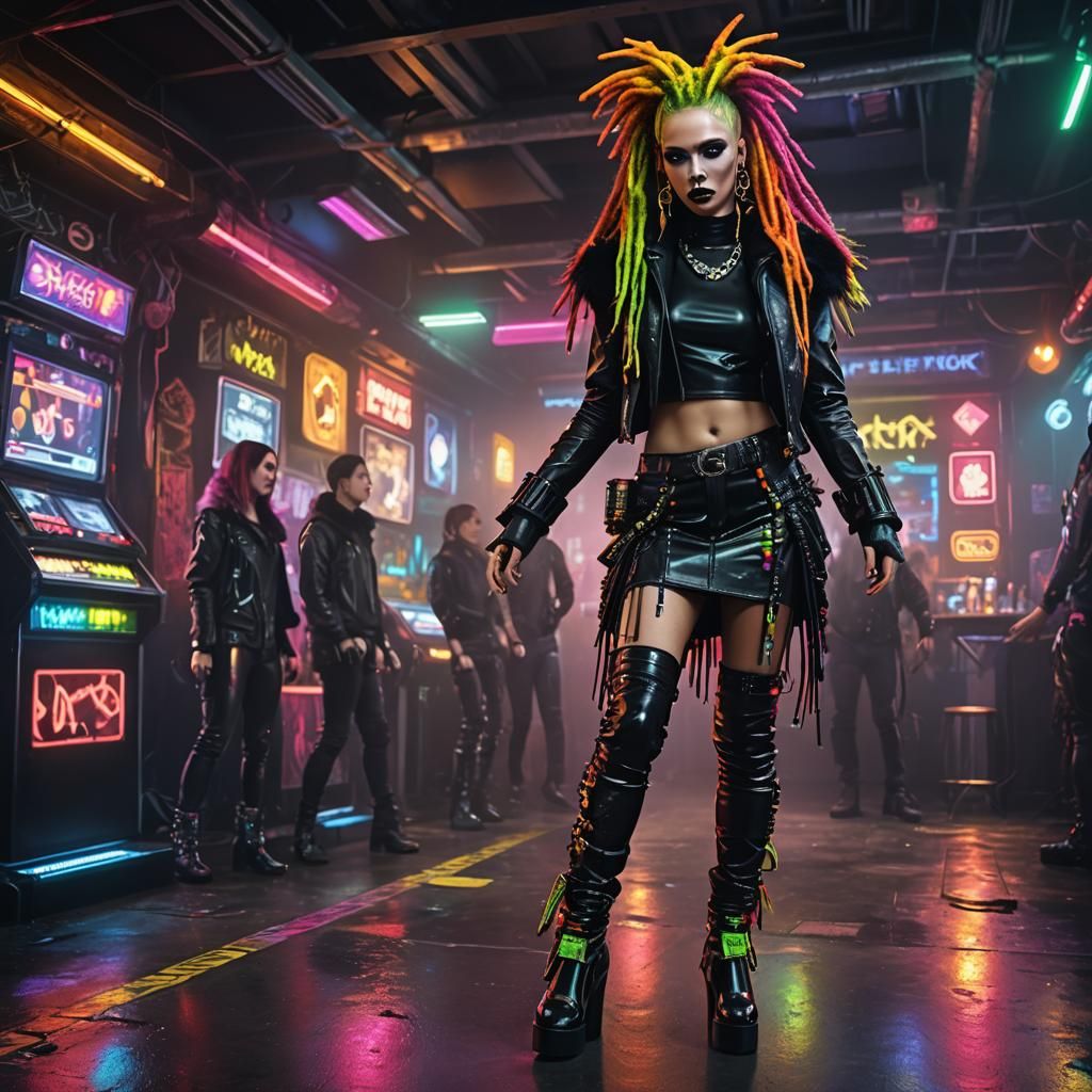 Cyber Goth Girl Dancing in Nightclub, Hyperrealistic Photo