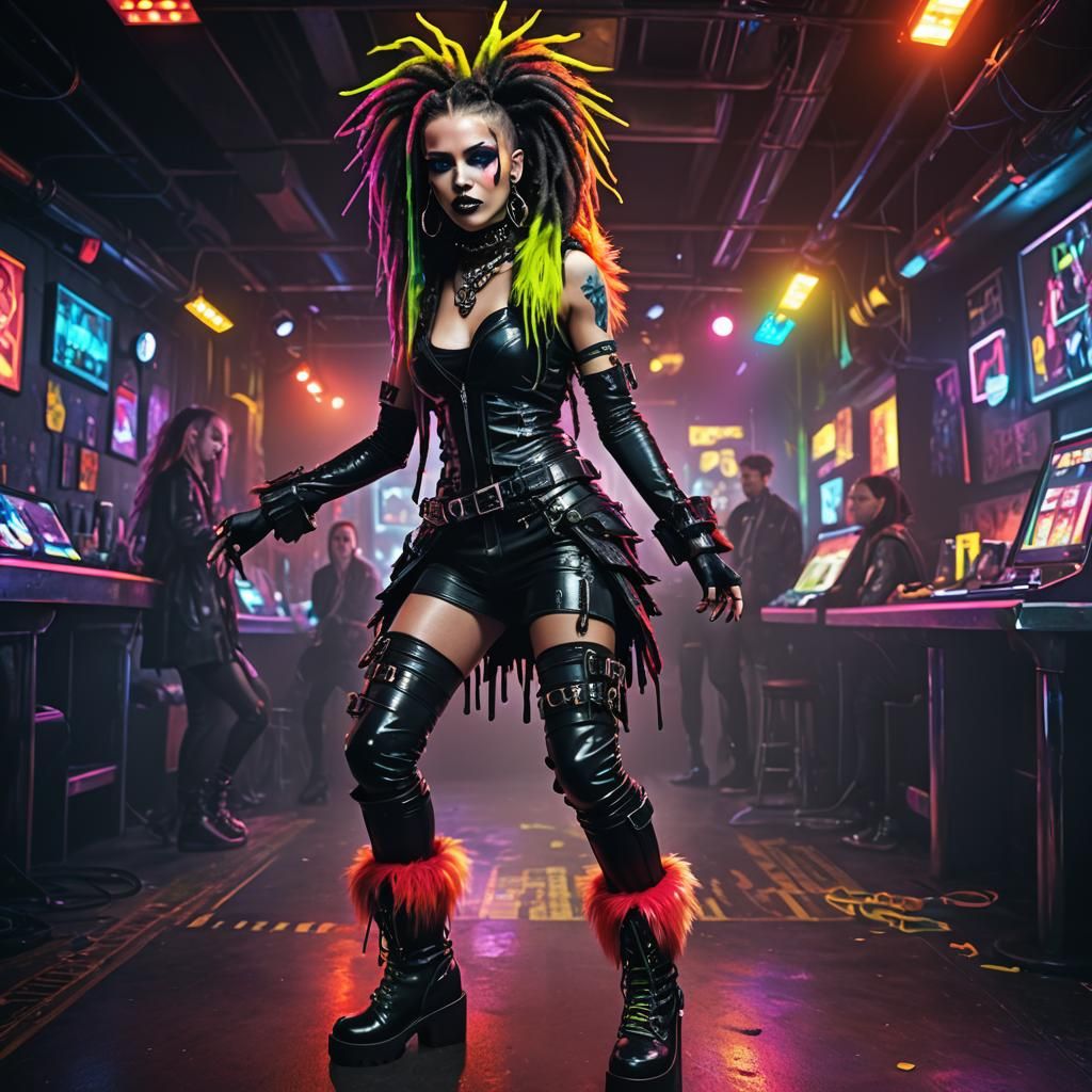 Cyber Goth Girl Dancing in Nightclub, Hyper-Realistic Style