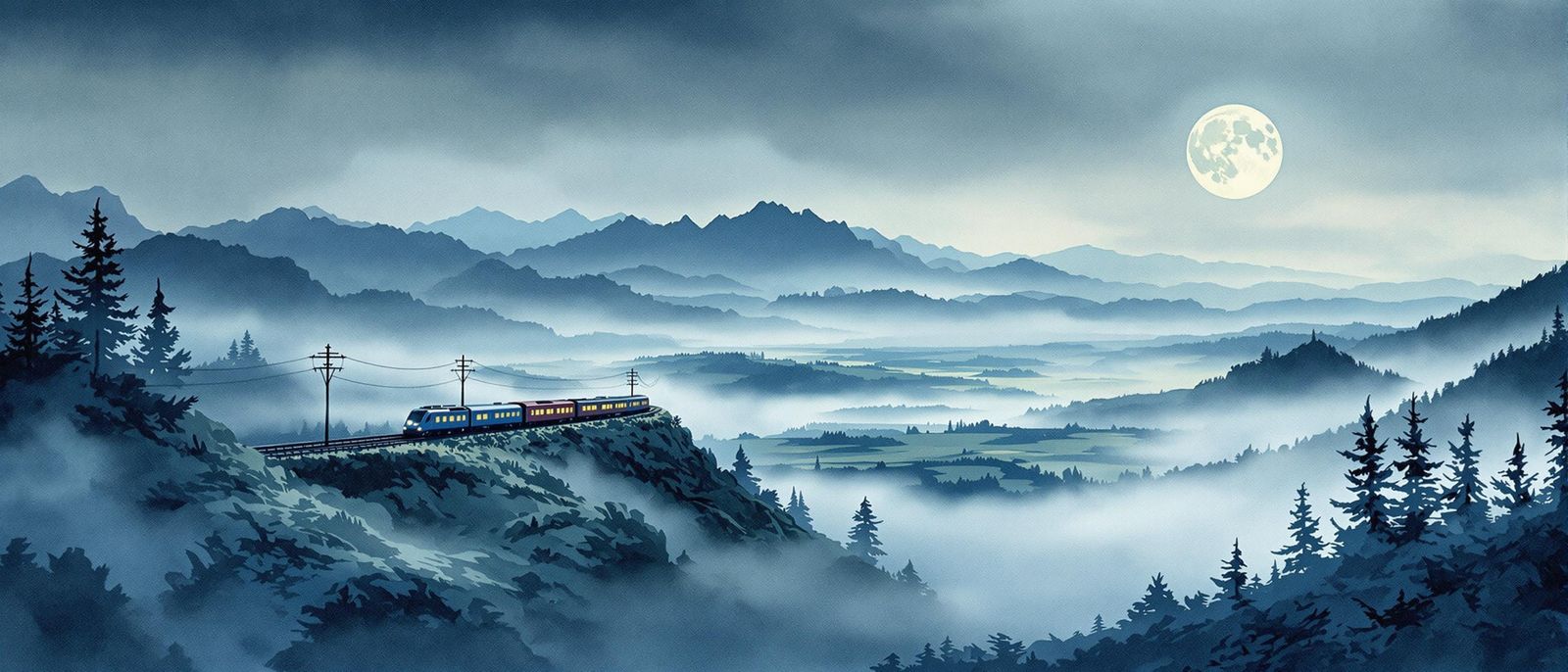 Ethereal Watercolour Train Under Moonlight