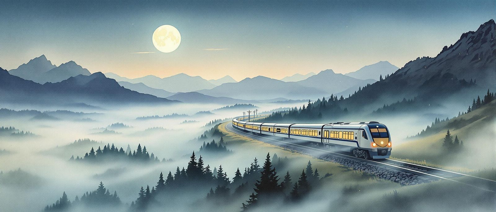 Train Under Moonlight in Ethereal Watercolour Style