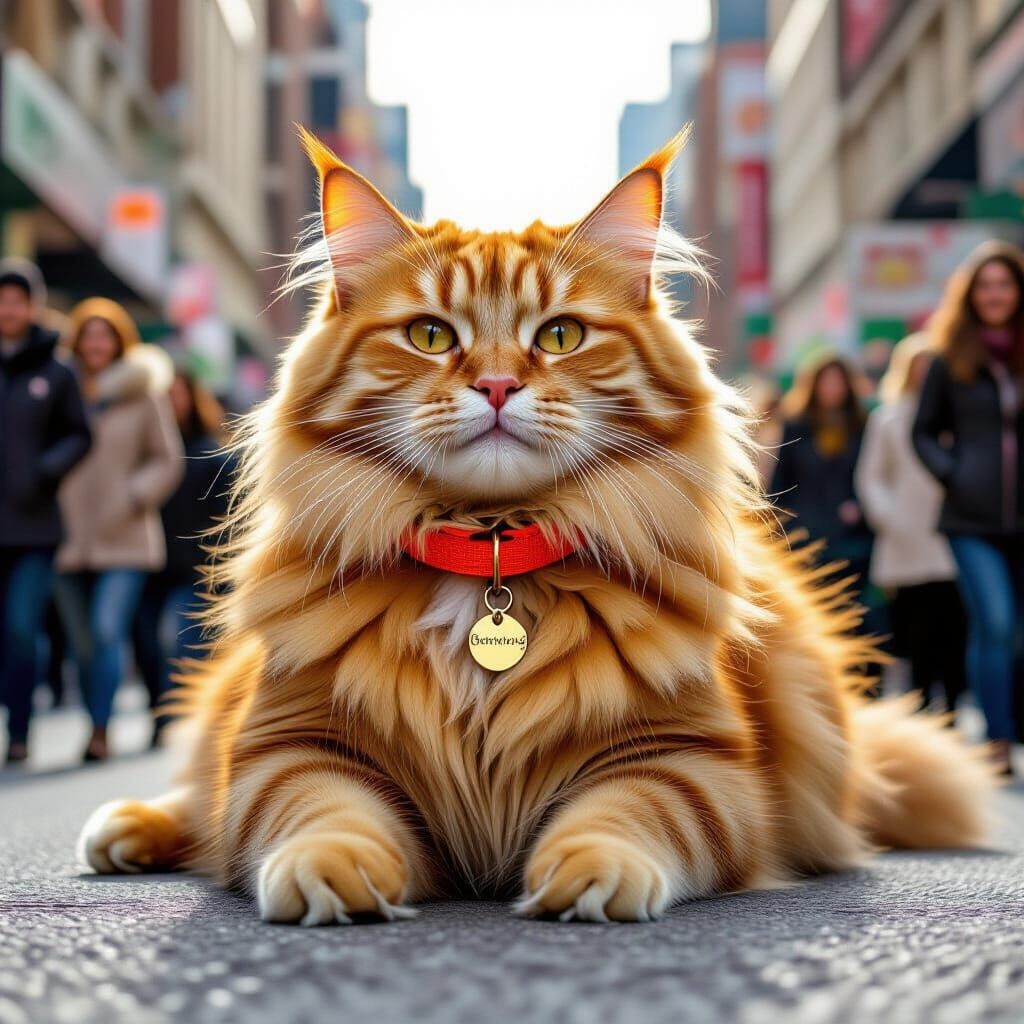 Giant Ginger Cat Naps in Busy Street, Whimsical Style