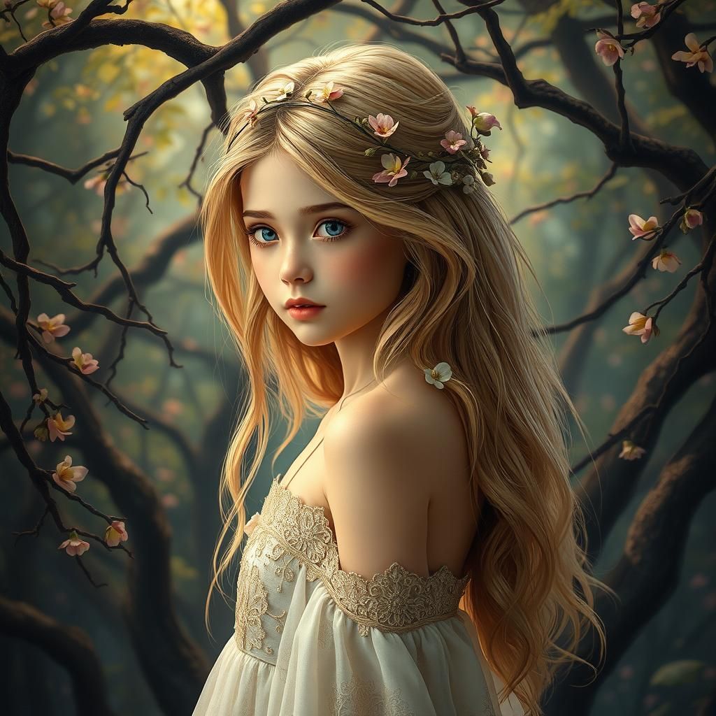 Enchanting Girl with Golden Hair in Dreamy Forest