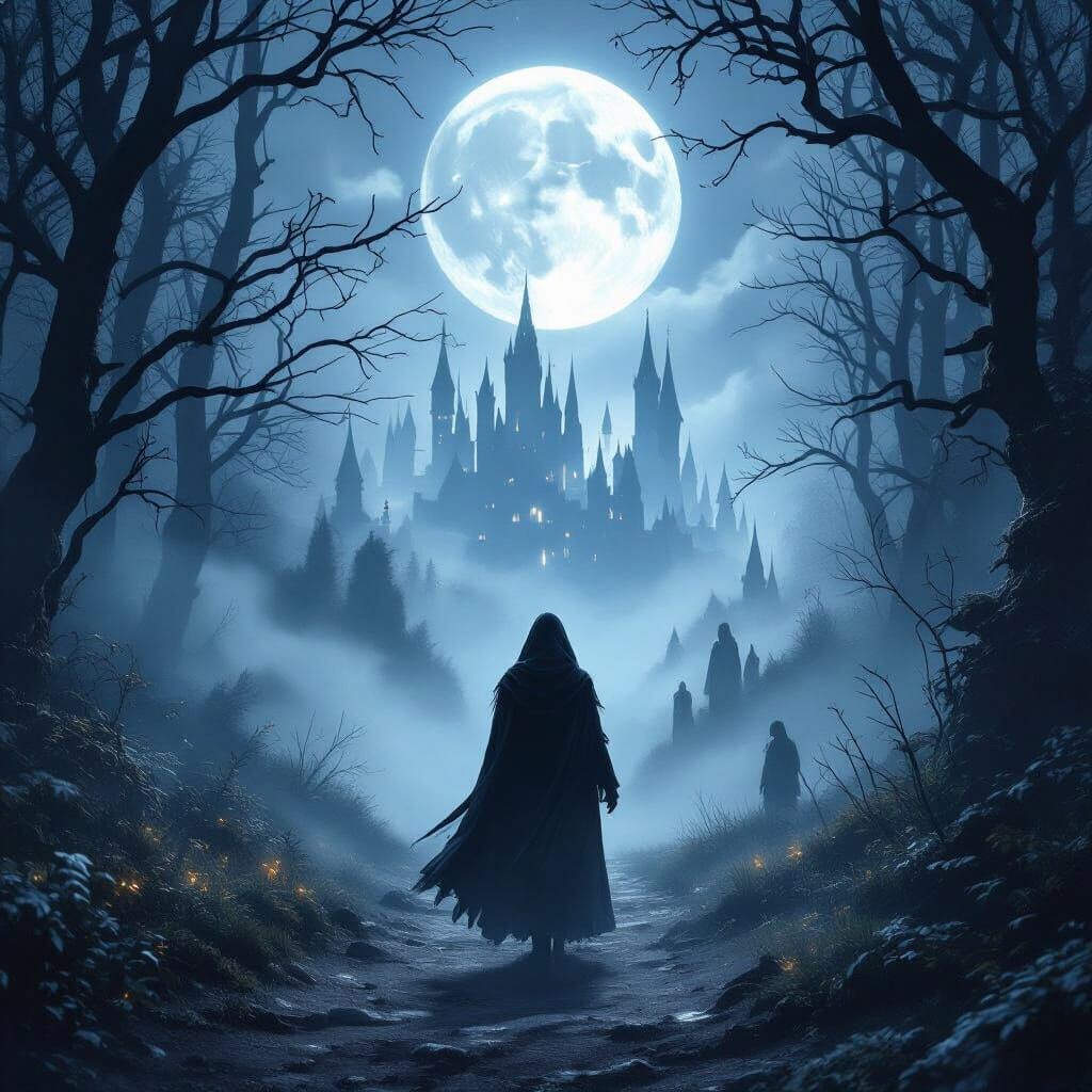 Mystical Moonlit Forest Path with Crystal Castles
