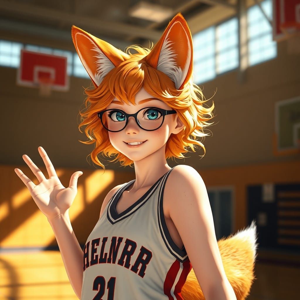 Human-Fox Hybrid Girl in Basketball Uniform Poses in Gym