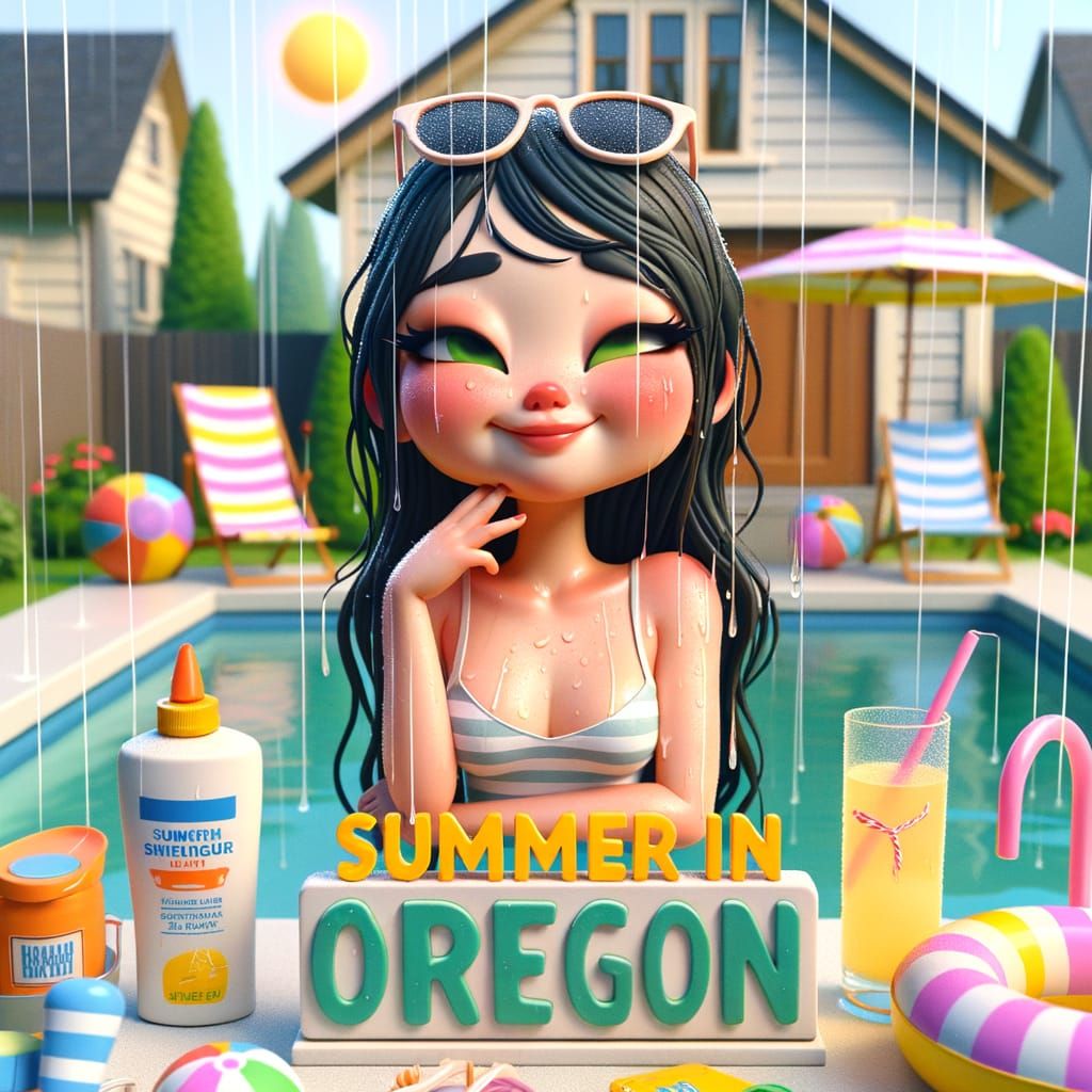 Charming Woman in Rainy Oregon Summer, 3D Illustration